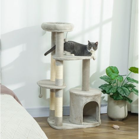 Árbol rascador para gatos 114 cm gris claro con cueva, plataformas y postes de sisal OKWISH (1/5)