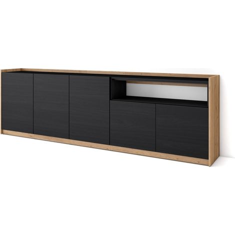 Skraut Home - Buffet salon et cuisine, Commode, 260x37x80cm, 5 Portes, Meuble chaussure, Noir et chêne (1/5)