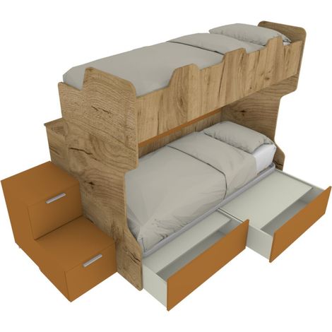 Letto a castello salvaspazio con scala a cassettoni e camminatoio - Quercia e zolfo (1/5)