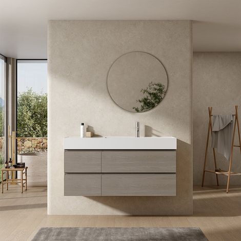 Mobile bagno sospeso 120 cm Beige Lavabo a Destra in Resina Specchio Tondo - Fiji Wood (1/4)