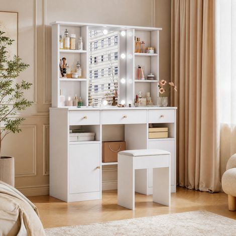 Toeletta con specchio LED regolabile, 3 cassetti, 2 ante e sgabello, bianco HAVRYA (1/5)