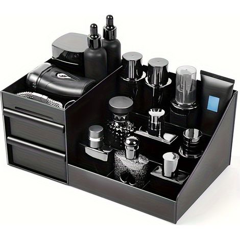 Organisateur Cosmé tique noir mat pour homme, avec tiroirs, rangement parfum et skincare, salle de bain. (1/5)