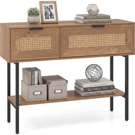 Table Console en Rotin, Meuble d’Entrée, avec 2 Tiroirs, Étagère de Stockage Ouverte, Dispositif Anti-Basculement, Coussinet de Pied Réglable, Naturel (1/5)