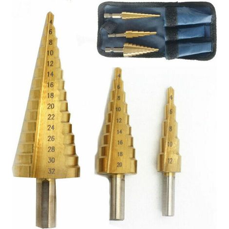 Senkbohrer aus Metall, 3 Stück, 12/20/32 mm, dreieckig, konisch, sechseckig, Edelstahl, titanbeschichtet, für Stahl, Holz, Messing, Kunststoff und PVC (1/4)