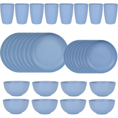Service de table 32 pièces en paille de blé, assiettes, bols, tasses, bleu clair, compatible micro-ondes, pour la maison (1/5)