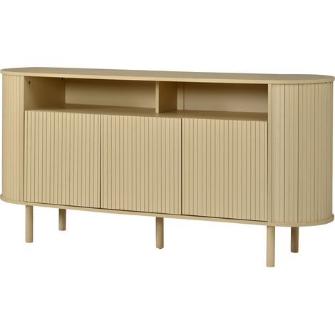 Buffet 160 cm à 3 portes ondulées, couleur bois naturel, meuble TV avec 2 niches ouvertes et 5 compartiments pour salon ou salle à manger (1/5)