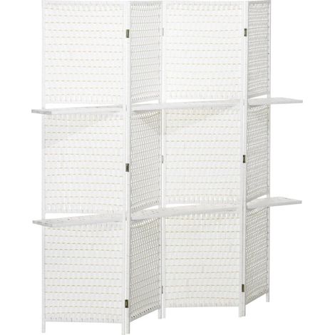 Paravent 4 panneaux pliable 181×180 cm, séparateur d'espace avec 2 étagères, structure pin et bambou, couleur blanc, adapté pour chambre
