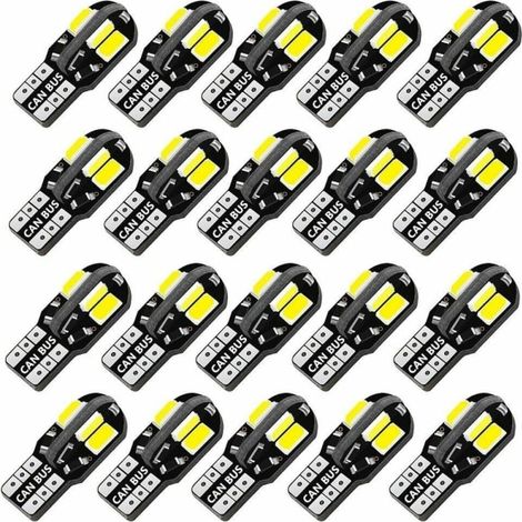 Lot de 20 ampoules LED W5W T10 Canbus 5730 8SMD 12V 6000K 194 168 LED pour éclairage intérieur de voiture (plafonnier, liseuse, feu de position, clignotants). (1/5)