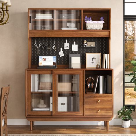Buffet de cuisine 117 x 30 x 170 cm, 4 portes coulissantes en verre rainuré, 2 tiroirs, niches, panneau arrière perforé, noyer (1/5)