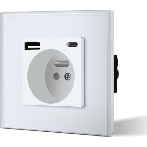 Prise murale française standard avec ports USB TypeC, boîtier PC blanc, 16A, pour recharge et alimentation (1/5)