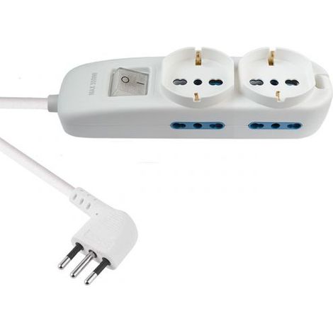 Multipresa 6 Posti 2 Schuko e 4 Bivalenti 10/16A, Cavo 3g1 mm, Spina 16A, Bianca