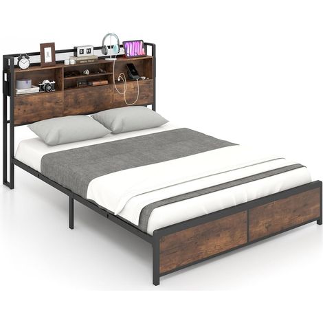 COSTWAY Estructura Cama 220x140cm, Cama Doble de Metal con Estación de Carga, Cabecero de Estantería de 3 Niveles, Cama Matrimonial Marrón Vintage (1/5)