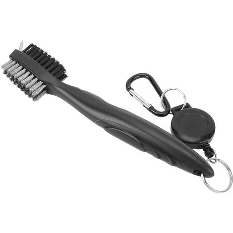 Brosse de nettoyage pour clubs de golf avec cordon rétractable, poils en acier double face, manche ergonomique, noire. (1/5)