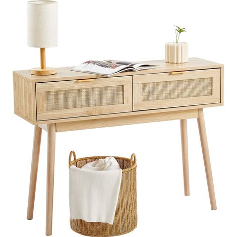 Table console en rotin avec 2 tiroirs de rangement, table d'entrée en rotin naturel avec porte coulissante, 1000 x 300 x 745 mm, rangement pour salon, bureau, entrée ou mur TV, couleur du bois (1/5)