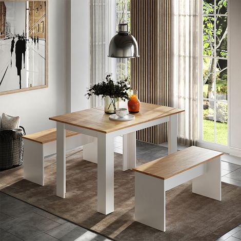 Gruppo panca ad angolo Sentio, Rovere bianco/dorato, 112 x 73.6 cm con 2 panche, Vicco