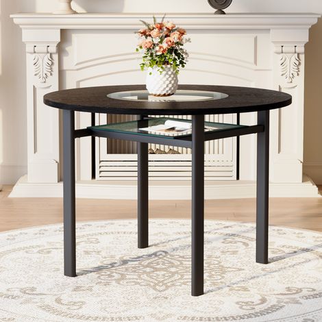 Mesa de comedor redonda de 100 cm, efecto madera negra, inserto de vidrio gris, negra DESVIAE (1/5)