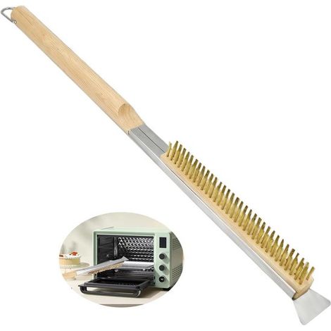 Brosse pour four à pizza, 52 cm, grattoir en acier inoxydable, poils en laiton, manche en bois, revêtement en caoutchouc, manche ignifugé, nettoyage (1/5)
