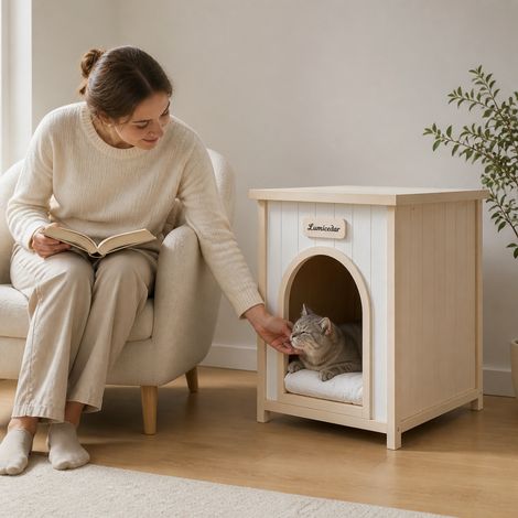 Caisse pour chien en bois table d'appoint – FSC® mobilier maison pour animaux en bois massif pour petits chiens & chats, table d'appoint style scandinave (1/5)