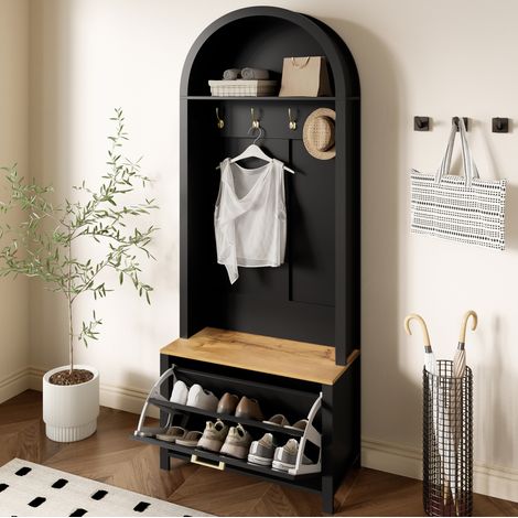 Armario Entrada 195x75x35 Cm Mdf Negro Y Madera - Estante, Zapatero Y Ganchos (1/5)