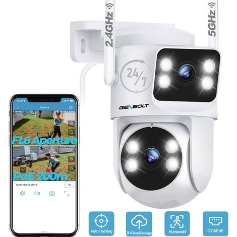 GENBOLT PTZ Caméra Surveillance Extérieur, 2.4/5Ghz WiFi Caméra IP avec Double Objectif & Double Vue, Vision Nocturne Couleur, Détection Humaine,Suivi Auto (DC & PoE)