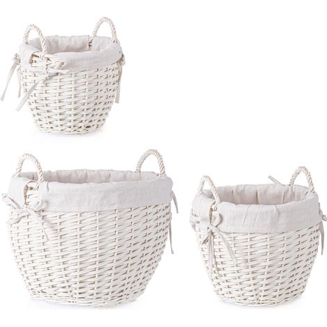 Set 3 Ceste alesha in Vimini naturale, con rivestimento 100% in cotone -Tonde / Bianco (1/4)