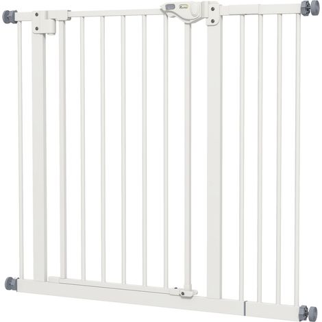 Türschutzgitter Hunde, Absperrgitter, 74-80/87-94 cm, Treppenschutzgitter für Haustier, Hundegitter inkl. verschiedene Verlängerungen, Schutzgitter ohne Bohren, Metall, Kunststoff, Weiß (1/5)