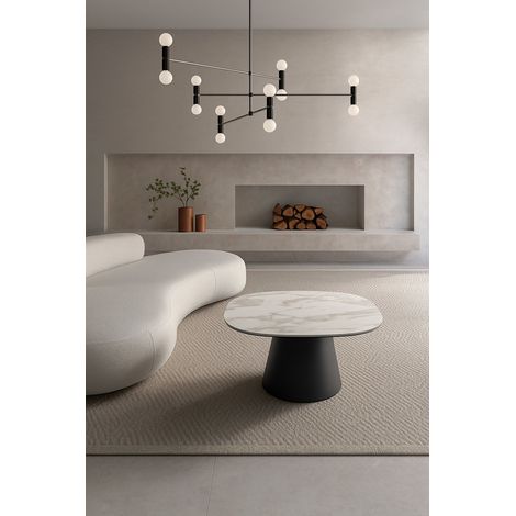 Tavolino da Salotto Pillar Big 90x90 cm con Top in Ceramica su Vetro Effetto Marmo Bianco e Struttura in Metallo Antracite