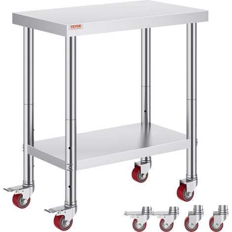 Mobilité et rangement, table de travail inox avec roulettes, freins et tablette réglable pour cuisine pro (1/5)