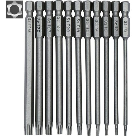 11-Piece Long Torx Screwdriver Bit Set - Magnetic Bits - 1/4" Hex Drive - Sizes T6 to T40 - Length 100mm (1/5)