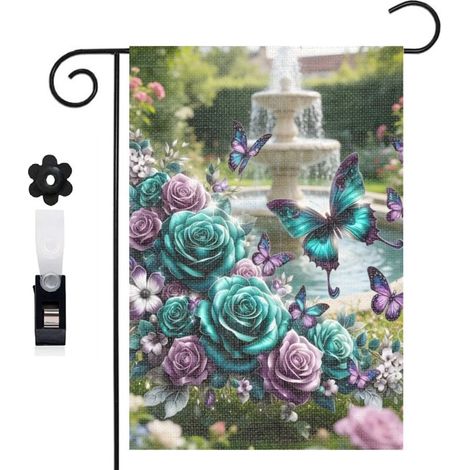 Drapeau de jardin papillons et roses violettes pour l'été 30 x 45 cm décoration cour et balcon (1/5)