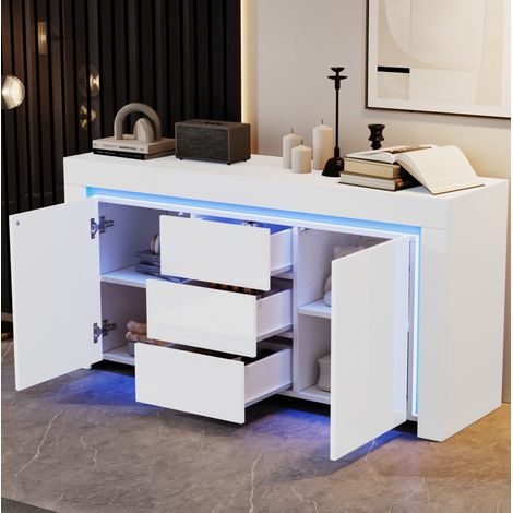 Sideboard 140x40x65 cm weiß aus MDF mit Hochglanzfront, LED-Lichtleiste, 2 Türen und 3 Schubladen (1/5)