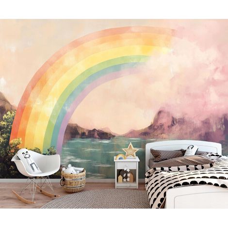 Vlies Fototapete Regenbogen 350x250 cm, Tapeten, für Wohn und Schlafzimmer, Vliestapete Wandtapete Tapete 3D Effekt- inkl. Kleister - Landschaft Bunt Natur, WallArena (1/4)