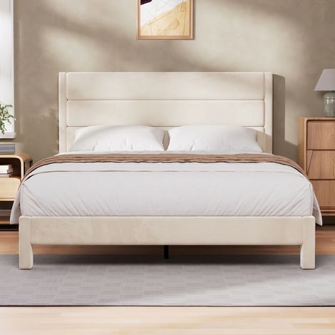 Cama Tapizada de Matrimonio 140x200 cm con Cabecero Tapizado, Espacio bajo la Cama, 10 Láminas de Madera Maciza, Terciopelo Beige (1/5)
