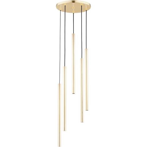 Alfa COLLET Round Brass/Gold Pendant Light 30cm, 5-Light Modern Tube Chandelier, Metal Ceiling Hanging Lamp, G9 Max 10W, Height 120cm, IP20, Dining Room Kitchen Island