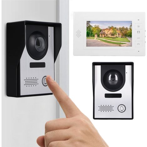 Sonnette vidéo Villa Home avec interphone, déverrouillage, vision nocturne, caméra de sonnette avec compensation automatique de luminosité et écran intérieur 7 pouces, format individuel, norme europée (1/5)