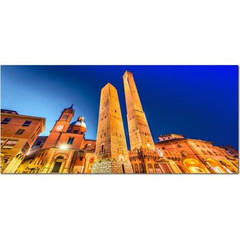Lupia - Quadro moderno su Tela Canvas DEEP 65X143 cm, con paesaggi e localismi italiani, per casa, soggiorno, capezzale camera da letto, hotel, ufficio, BOLOGNA - PANORAMA NOTTE (1/4)