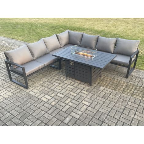 Fimous Aluminium 6 Pieces Garden Furniture Corner Sofa Set with Cushions Gas Fire Pit Dining Table Set Gas Heater Burner Dark Grey (1/5)