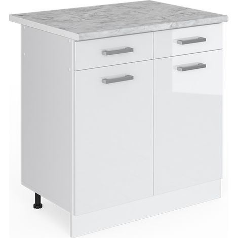 Mueble bajo universal R-Line, Blanco alto brillo, 80 cm con cajones y puertas, con encimera, Vicco