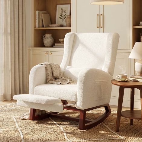 Creahappy Fauteuil Roulant Chaise Basculante Bouclette Blanc - Repose-Pieds Rétractable & Poches - Bois Massif (1/5)