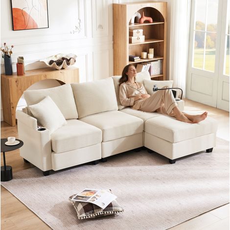 Canapé d’angle réversible 213.5x139x87 cm beige en velours côtelé avec pouf, USB et rangement (1/5)
