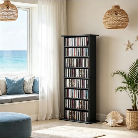 Meuble de rangement CD DVD à 8 compartiments réglables 58 x 24 x 126,3 cm noir OKWISH (1/5)