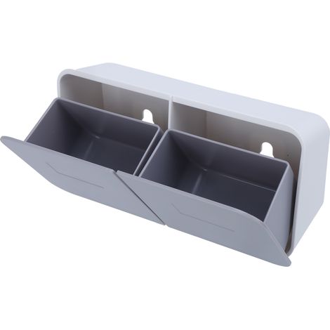 Boîte de rangement murale de bureau, porte-cotons-tiges et porte-tampons démaquillants, boîte de rangement étanche à couvercle rabattable, sans perçage, organisateur hermétique, blanc et gris. (1/5)