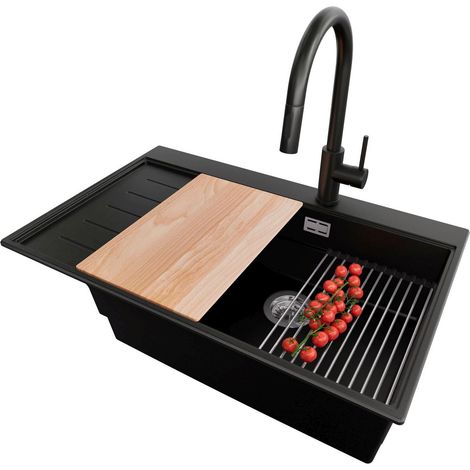 PRIMAGRAN Evier Cuisine en Granit 78x50cm,Lavabo 1 bac + Robinet 40x20cm + Kit de Vidage + Accessoires, Évier à Encastrer au meuble 60cm - Sydney, Noir