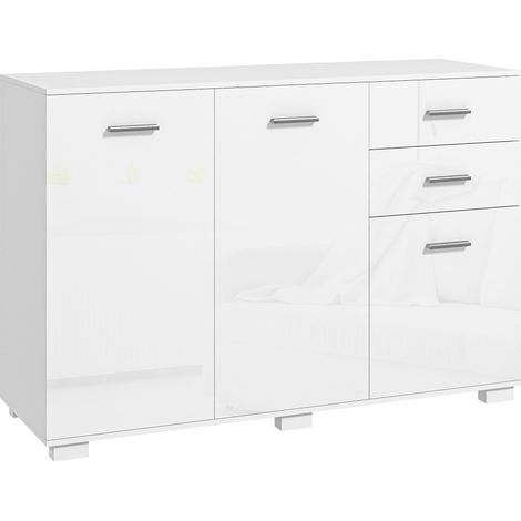 Sideboard, Modern Storage Cabinet with 2 Drawers, 3 Doors and Adjustable Shelves, Kitchen Cabinet for Living Room, Dining Room, High Gloss White