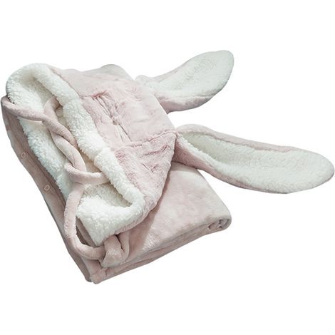 Couverture à capuche portable en polyester peluche oreilles de lapin, douce et chaude, rose grande taille
