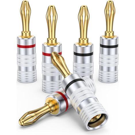 3 Paires Fiches Bananes, Plaqué Or 24K, Laiton, Double Vis, Pour Câble Haut-Parleur