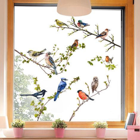 Décor mural stickers oiseaux et branches, stickers muraux chambre avec oiseaux de jardin, autocollants feuilles plantes pour salon, art mural TV, déco murale nature, 1 lot. (1/4)