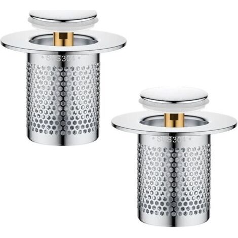 QORVA-Lot de 2 bondes d\'évier de cuisine en acier inoxydable (5,5 x 5,5 x 5 cm), bonde escamotable pour salle de bain et baignoire (1/5)