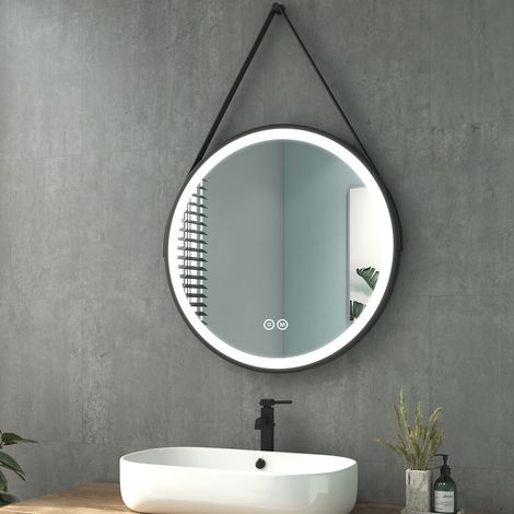Heilmetz Miroir de salle de Bain rond LED Monture Noire et Bandoulière Réglable avec Interrupteur Tactile et 3 Couleurs Lumière Ø70 cm (1/5)