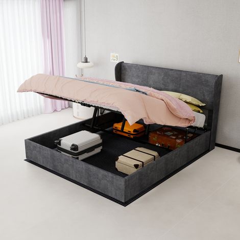 Cama tapizada, 200x160x133 cm, cabecero acolchado, base alta, tejido y metal gris (1/5)